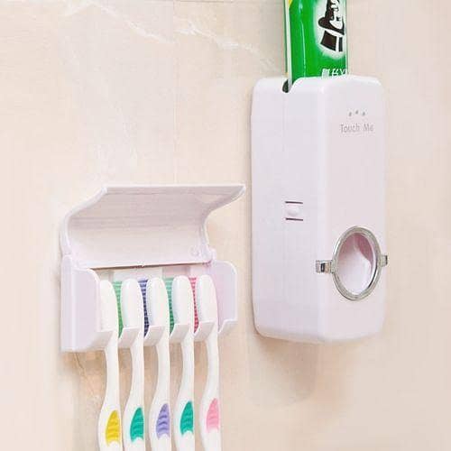 Automatic Toothpaste Dispenser and Toothbrush Holder Set with Dustproof Design and Wall-Mounted Suction for Bathroom Use