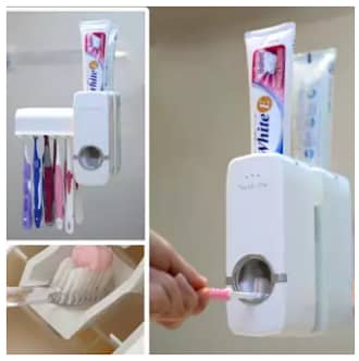 Automatic White Toothpaste Dispenser Set with Wall-Mounted Toothbrush Holder and Toothpaste Squeezer