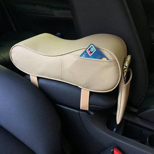 Black PU Leather Armrest Console Cushion Cover for Car SUVs - Soft Pad with Storage Pouch in Beige