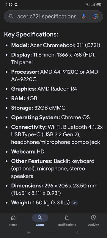 Acer C 721 operating chrome os and window update 2029 Hd display 7