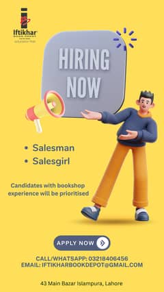Counter Salesman | Sales Girl required for Book shop