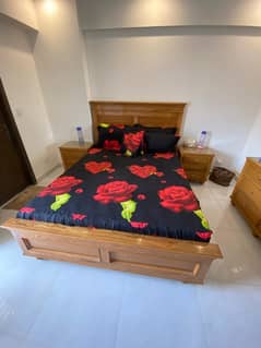 Queen bed set with side table, dressing and cupboard in oak wood