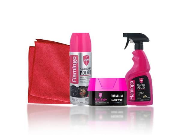 Flamingo 4-in-1 Car Care Kit: Leather Seat Cleaner, Body Polish, Microfiber Cloth, and Dashboard Spray