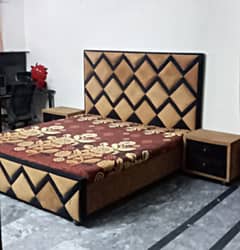 skin and black color velvet poshish bed with side table and dressing