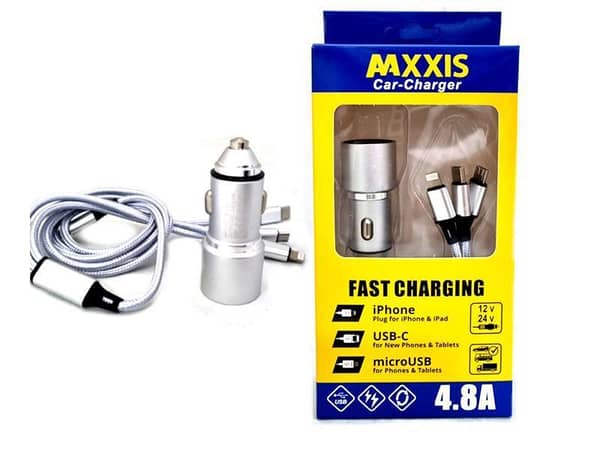 MAXXIS Dual USB Car Charger with 3-in-1 Cable - 4.8A for 12V/24V Vehicles | Silver