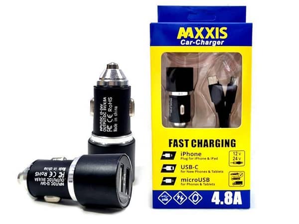 MAXXIS Dual USB Car Charger with 3-in-1 Cable - 4.8A for 12V/24V Vehicles