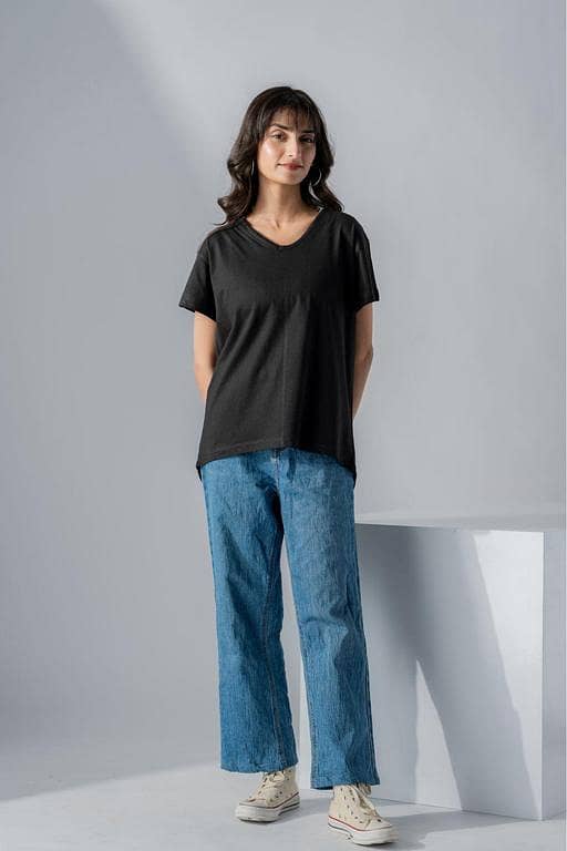 Jack Beos Women's Plain Black V-neck T-Shirt - Export Quality Cotton