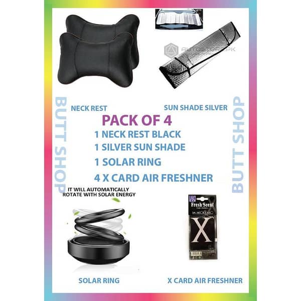 Set of 4: Neck Rest, Silver Sun Shade, Solar Ring, and Air Freshener Card
