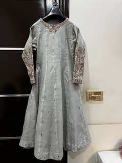 Raw silk gray colour Anarkali frock, with dupatta and trouser.