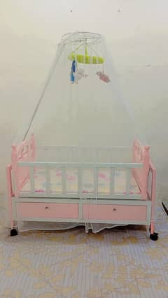 Wooden Baby Cot with Mattress & Mosquito Net - Excellent Condition