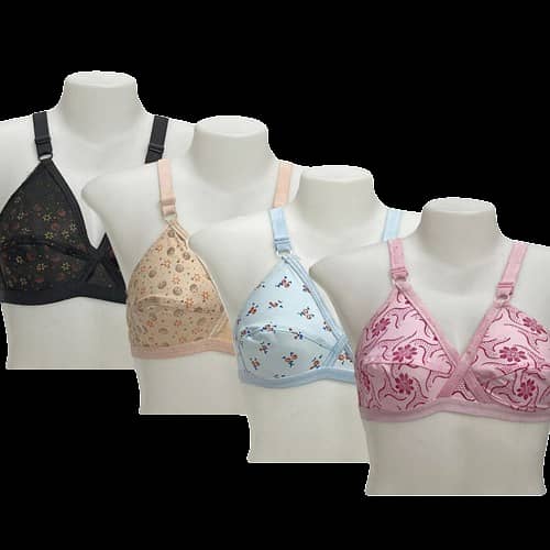 Set of 4 Women's Soft Cotton Jersey Printed Bras, Multi-Color, with 3 Hooks