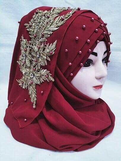 Turkish Bridal Pearl Hijab - Ready-to-Wear Scarf with Golden Accents