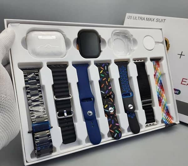 i20 Ultra Max Suit Smart Watch for All Ages with 10 Features, 2.3" Display, 7 Straps, Earbuds, Waterproof, and Health Monitoring