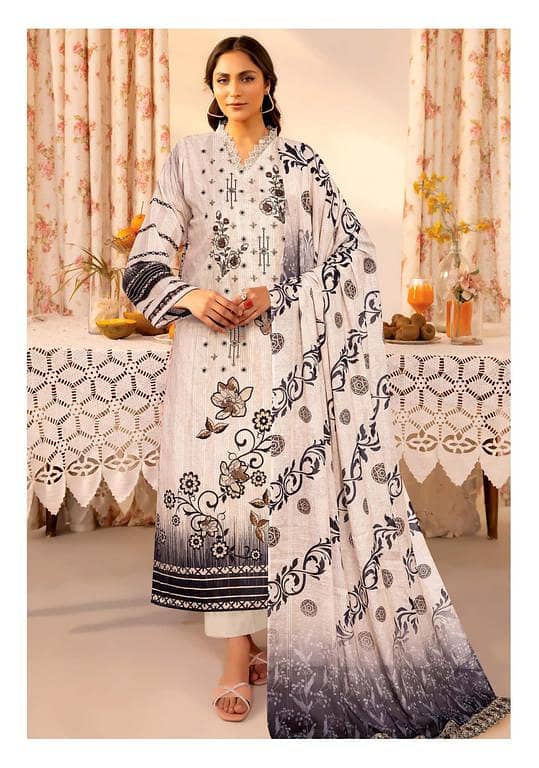 Insiya 3-Piece Suit: Digital Print Lawn Embroidered Shirt, Matching Dupatta, and Plain Trouser for Women and Girls