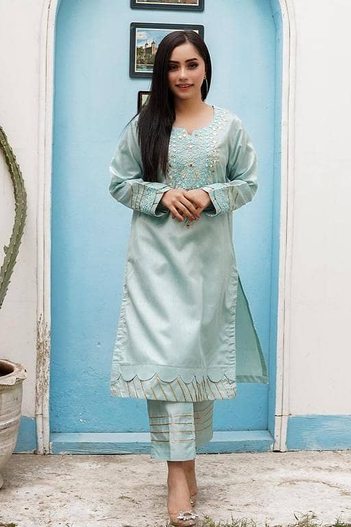 Insiya 2-Piece Stitched Suit: Embellished Shirt with Stylish Trouser Pants for Women and Girls