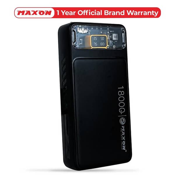 Maxon M-18 Powerbank - 18000 mAh with 2.1A Fast Charging, Dual Input (Type C & Micro), USB Output, and Built-in Flashlight for All Mobile Devices