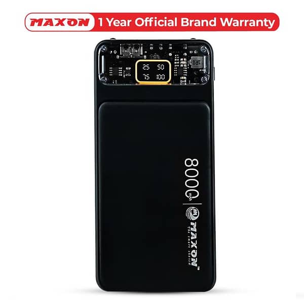 Maxon M-08 Powerbank 8000mAh with 2.1A Charger, Flashlight, USB Output, Dual Input (Type C & Micro), Suitable for All Mobile Phones, Portable Battery with Digital Display