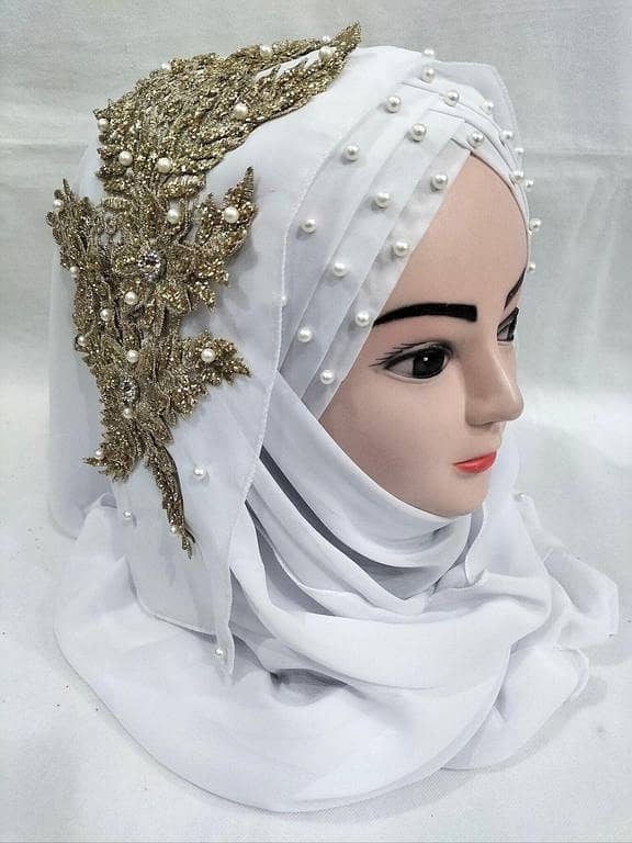 Turkish Bridal Stylish Scarf with Pearl Floral Design and Silver Bunch - Ready to Wear
