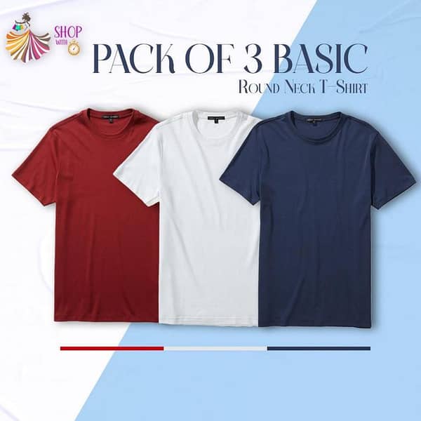 SWT Clothing Pack of 3 Basic Cotton Round Neck T-Shirts in Red, White & Navy Blue for Men and Women