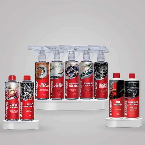 Carrera Master Kit: 500 ml Velvet Shampoo, Glass Cleaner, Interior Dressing, Tire Dressing, Engine Degreaser, All Purpose Cleaner, Waterless Car Wash, Rust Remover, Rust Preventive
