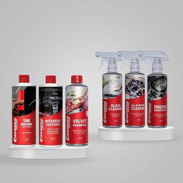 Carrera Multi-Purpose Cleaning Kit: Tire Dressing, All Purpose Cleaner, Velvet Shampoo, Glass Cleaner, Interior Dressing, and Engine Degreaser (500ml each)