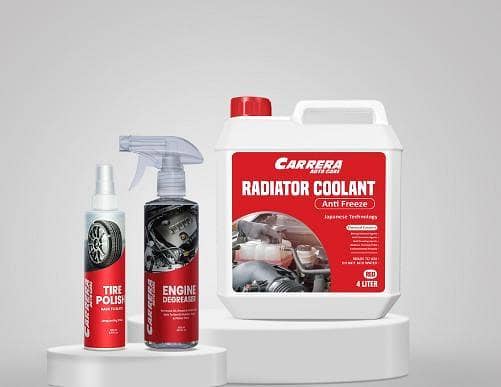 Carrera 3-in-1 Anti Freeze Coolant Set: 4L Long Life Radiator Coolant, 500ml Engine Degreaser, 200ml Tire Polish, and Free Microfibre Cloth