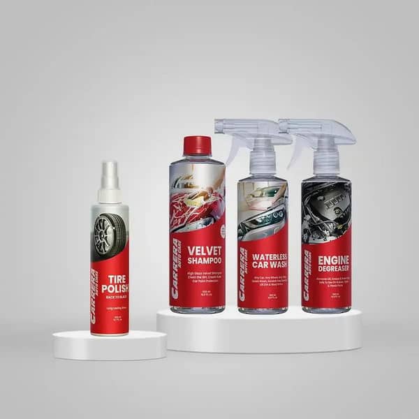 Carrera Exterior Bundle: Engine Degreaser, Waterless Car Wash, Tire Polish, and Velvet Shampoo
