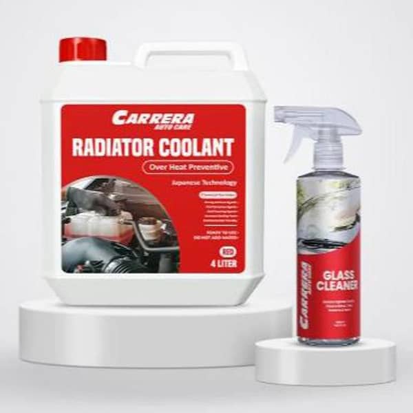 Carrera 4 Litre Car Radiator Coolant and 500 ml Glass Cleaner - 2-in-1 Heat Preventive Coolant and Streak-Free Window Cleaner