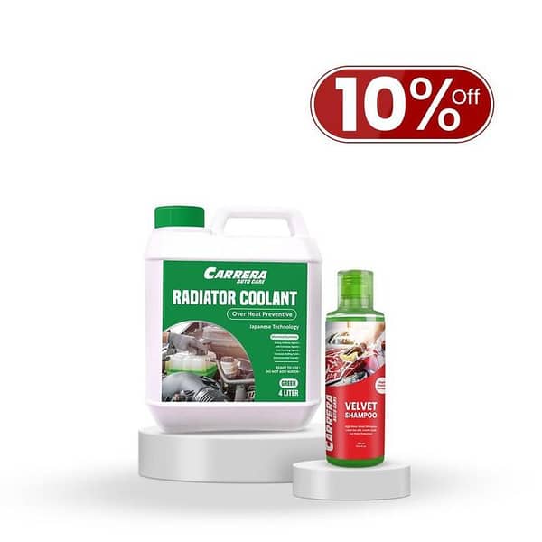 Carrera Car Shampoo 300ml and Long Life Radiator Coolant 4 Litre - 2 in 1 Heat Preventive Solution for Car Wash and Cooling System