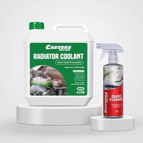 Carrera 4L Car Radiator Coolant and 500ml Glass Cleaner Set - 4L Green Heat Preventive Coolant with Anti-Corrosion and Glass Cleaning Solution
