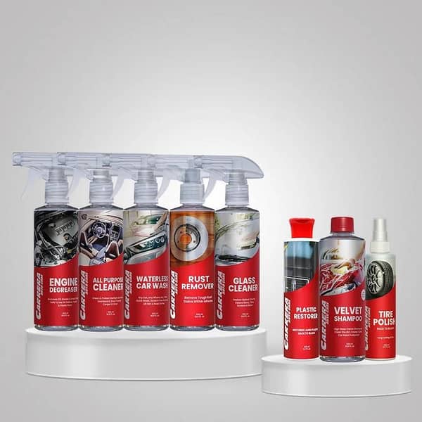 9-Piece Set: New Carrera Tire Polish 200ml, All-Purpose Cleaner 500ml, Velvet Shampoo 500ml, Waterless Car Wash 500ml, Dashboard Cleaner 200ml, Rust Remover 500ml, Engine Degreaser 500ml, Glass Cleaner 500ml, Plastic Restorer 200ml