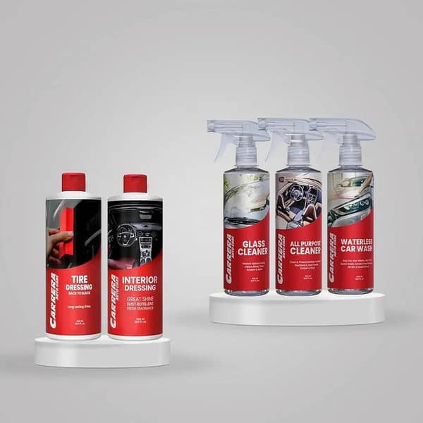 Carrera Ready to Go Kit: Interior Dressing 500ml, Glass Cleaner, Waterless Car Wash 500ml, All Purpose Cleaner 500ml, and Tire Dressing 500ml