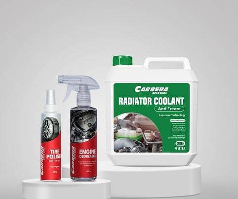 Carrera 3-in-1 Long Life Radiator Coolant Green 4L with Engine Degreaser (500ml), Tire Polish (200ml) and Free Microfibre Cloth