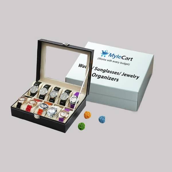 MyleCart 10-Grid Faux Leather Watch Box for Smart and Quartz Watches - Display and Storage Organizer