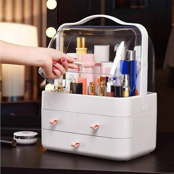 Mylecart Waterproof and Dustproof Makeup Organizer Box with Fully Open Lid - Cosmetic Display and Storage Solution for Bathroom, Dresser, and Bedroom - White