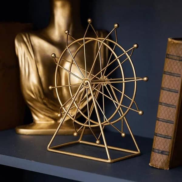 Gold Metal Rotatable Ferris Wheel Ornament – Decorative Sculpture for Bookshelves and Living Room