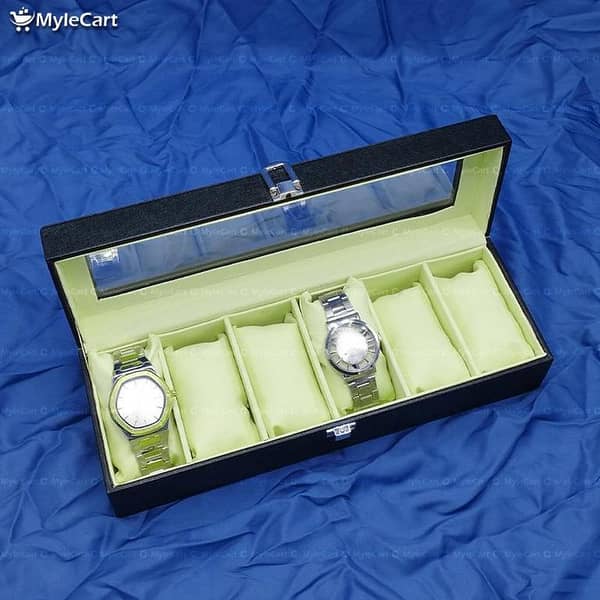 MyleCart PU Leather Watch Box with 6 Grids for Organizing Watches and Jewelry | Storage Case and Display Organizer