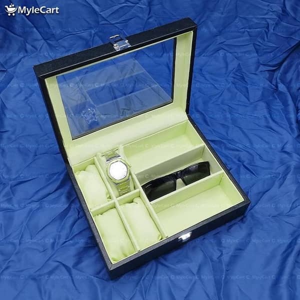 MyleCart Organizer Box for 4 Watches and 3 Sunglasses - PU Leather Storage Case