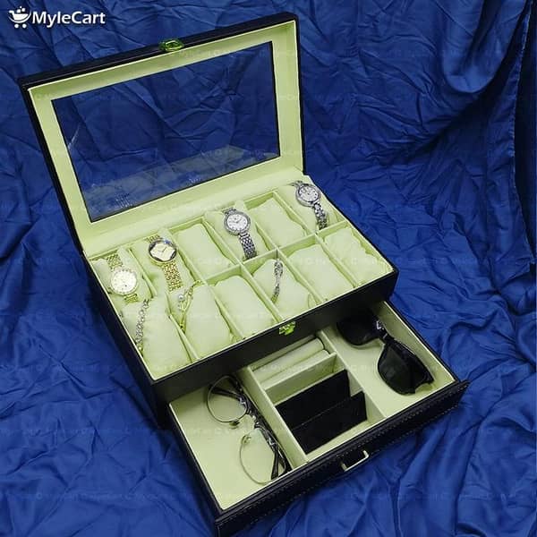 MyleCart Double Layer Organizer for Watches, Jewelry, and Sunglasses - PU Leather Storage Case