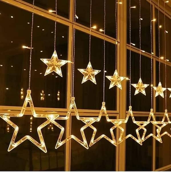 Fairy Lights Star LED Curtain String - 10 Strings with 5 Large and 5 Small Stars, 2.5 Meter Warm Golden Lights and 8 Modes Controller