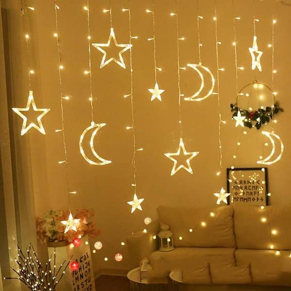 MyleCart 2.5M LED Moon and Star Curtain Lights for Christmas and Wedding Decorations, Featuring 138 LEDs and 8 Lighting Modes