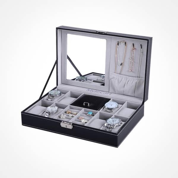 PU Leather Organizer Case for 8 Watches and Jewelry with Lock, Hanging Hooks, and Mirror - Suitable for Men and Women