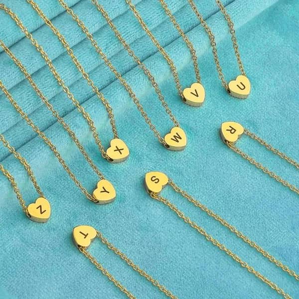 Initial Letter Heart Pendant Necklace by Gulnaz Fashion - Stainless Steel A-Z Personalization