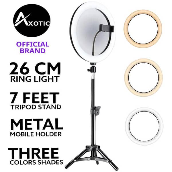 26cm Ring Light with 7ft Aluminum Tripod and Mobile Holder - 3 Light Shades