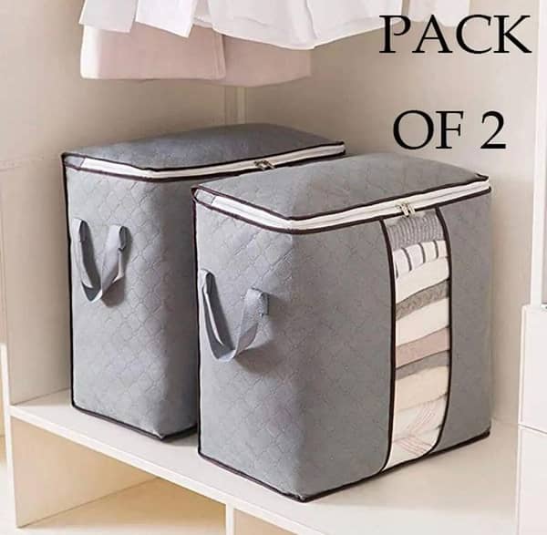 Set of 2 Large Portable Bamboo Storage Bags for Clothes and Blankets - Foldable Organizers with Double Zipper
