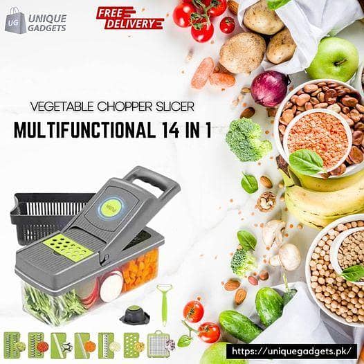 Unique Gadgets 14-in-1 Multifunction Vegetable Chopper and Slicer with 8 Blades, Includes Container for Chop, Dice, and Slice Various Vegetables and Fruits