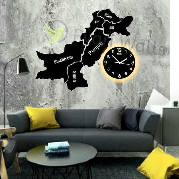 Wooden 3D Pakistan Map Wall Clock for Home and Office Decoration, Modern Design Timepiece, Ideal Gift