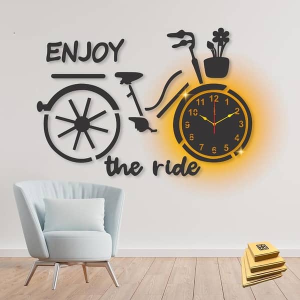 3D Bicycle Design Wooden Wall Clock with Quartz Movement and Backlit Features for Home and Office