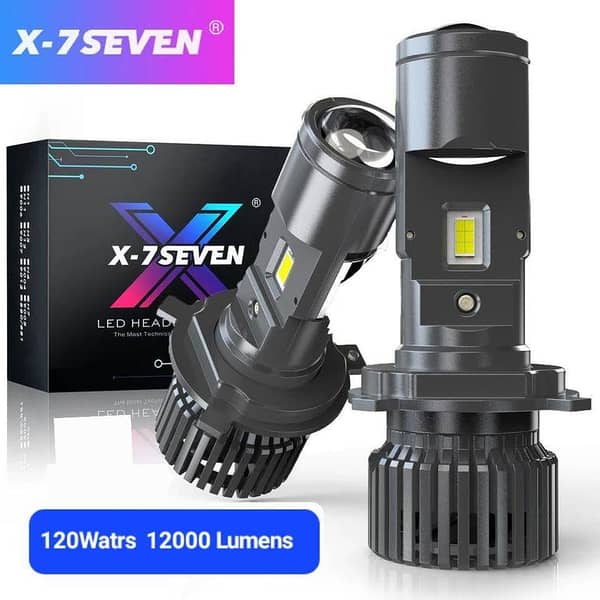 X-7SEVEN H4 Lumino Series Mini Projector Headlights - 120W Output, 12000 Lumens, One Year Warranty