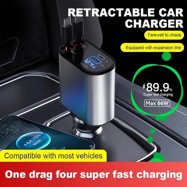 100W Super Fast 4-in-1 Car Phone Charger with Dual Expansion Cable for iOS and Type-C, Featuring Voltage Display